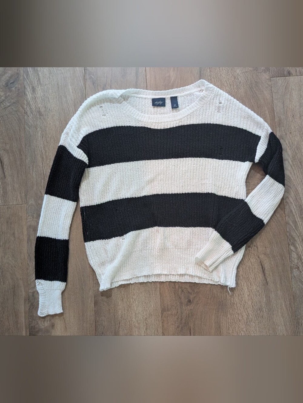 Daytrip Distressed Black and Cream Wide-Striped Crew Sweater